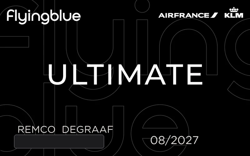 Flying Blue Ultimate membership card of Remco de Graaf, valid through 08/2027, card number redacted