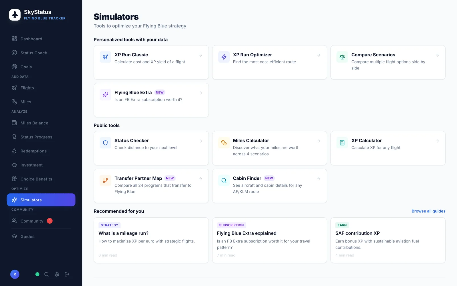 SkyStatus Simulators overzicht: XP Run Classic, XP Run Optimizer, Compare Scenarios en Flying Blue Extra calculator (NEW), plus vijf publieke tools zoals de Status Checker en Miles Calculator