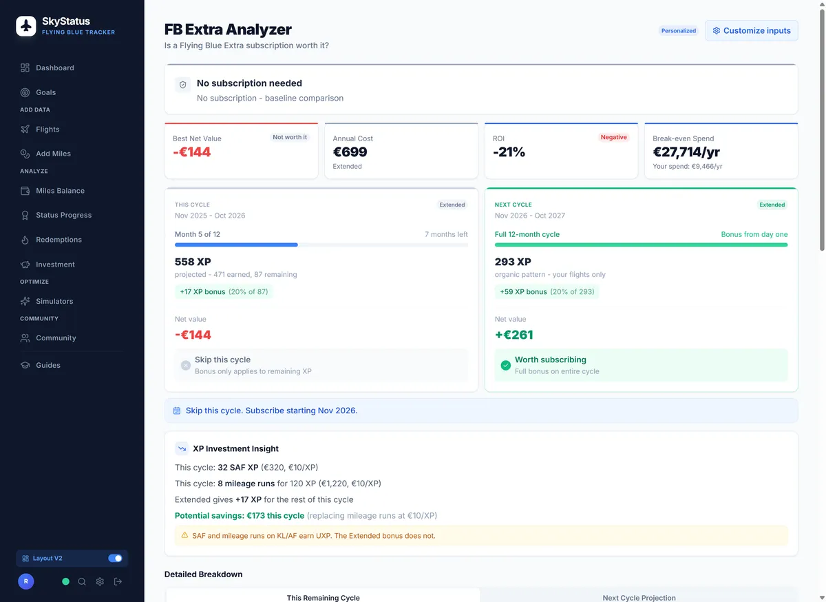 SkyStatus Simulators overzicht: XP Run Classic, XP Run Optimizer, Compare Scenarios en Flying Blue Extra calculator (NEW) - tools om je Flying Blue-strategie te optimaliseren