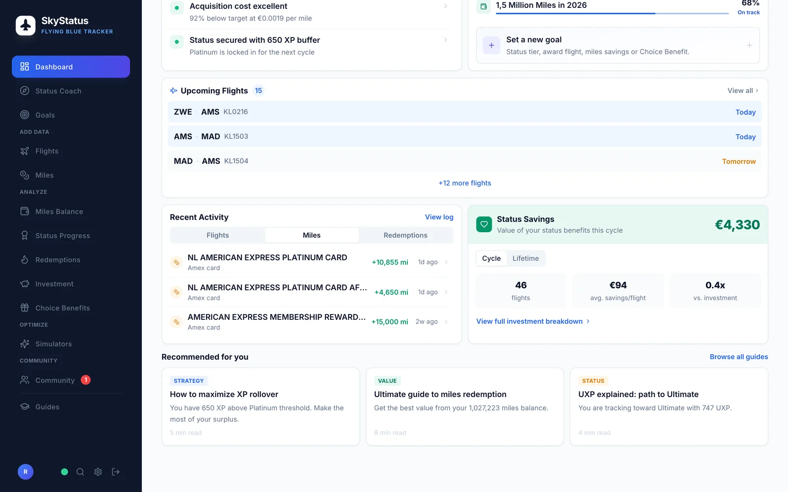 SkyStatus Dashboard met recente Amex miles-bijschrijvingen van +10.855, +4.650 en +15.000 miles, aankomende vluchten en Status Savings van 4.330 euro
