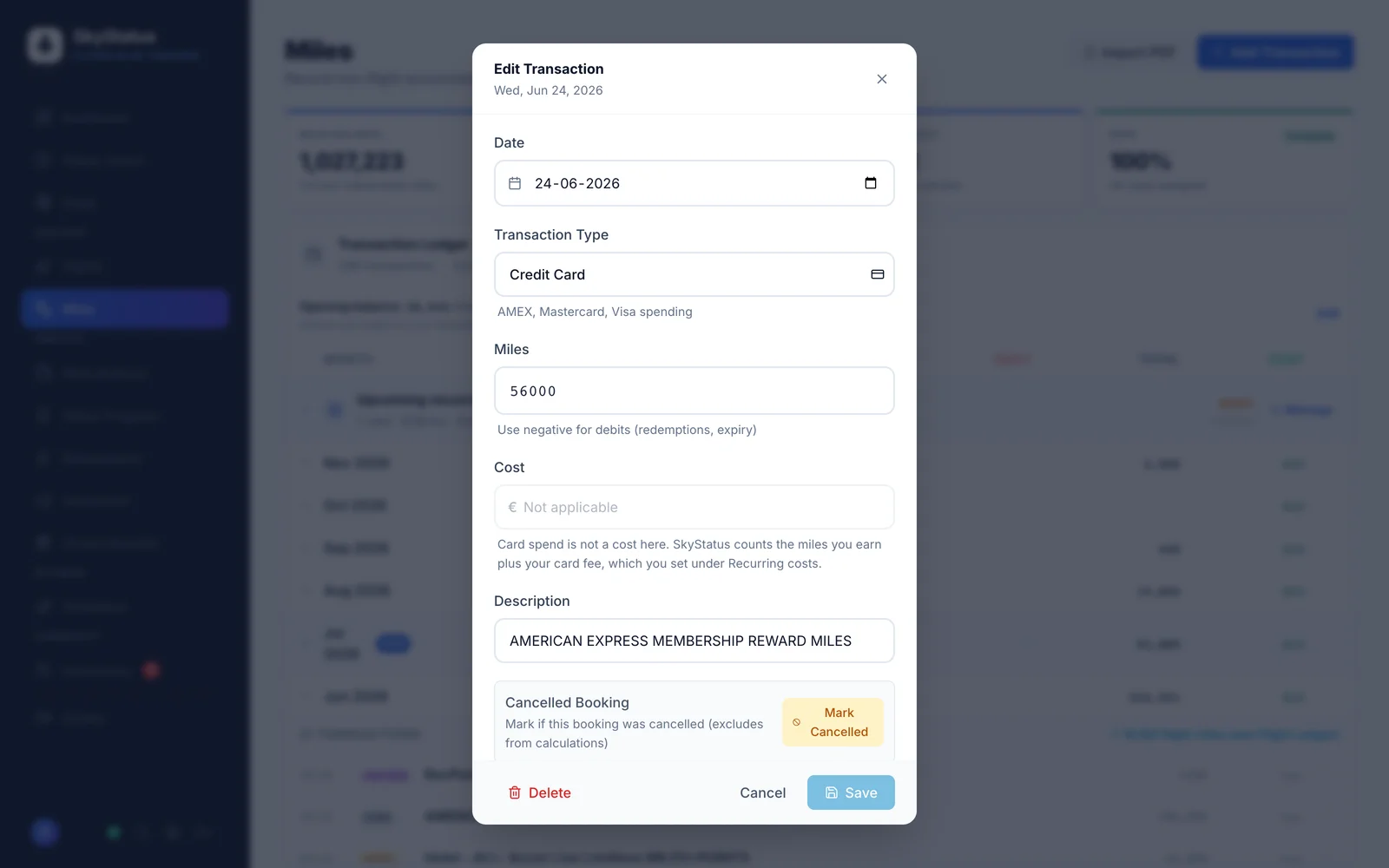SkyStatus Edit Transaction dialoog met details van een Credit Card transactie: 56.000 miles met omschrijving American Express Membership Reward Miles, met opties om te bewerken, annuleren of verwijderen