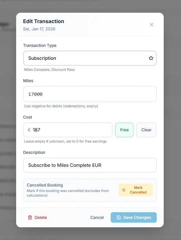 SkyStatus Edit Transaction dialoog met details van een Subscription transactie: 17.000 miles voor 187 euro, met opties om te bewerken of te annuleren