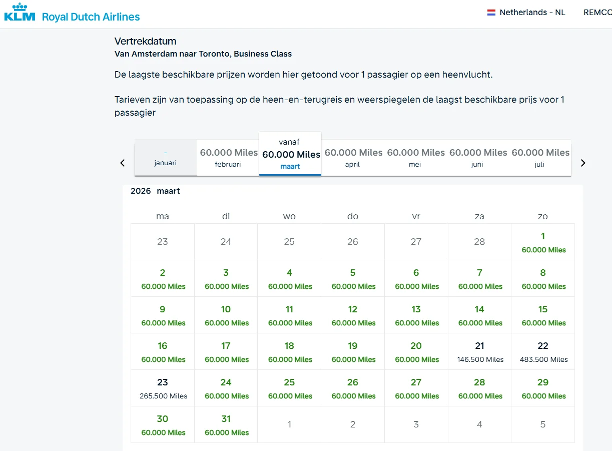 KLM calendar view Amsterdam-Toronto Business Class March 2026: most days 60,000 miles, peaks up to 483,500 miles on weekends