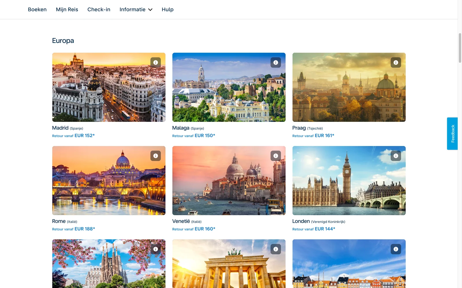 KLM Deals-Seite mit Städtezielen in Europa und Barpreisen, zum Beispiel Madrid ab EUR 152 und London ab EUR 144