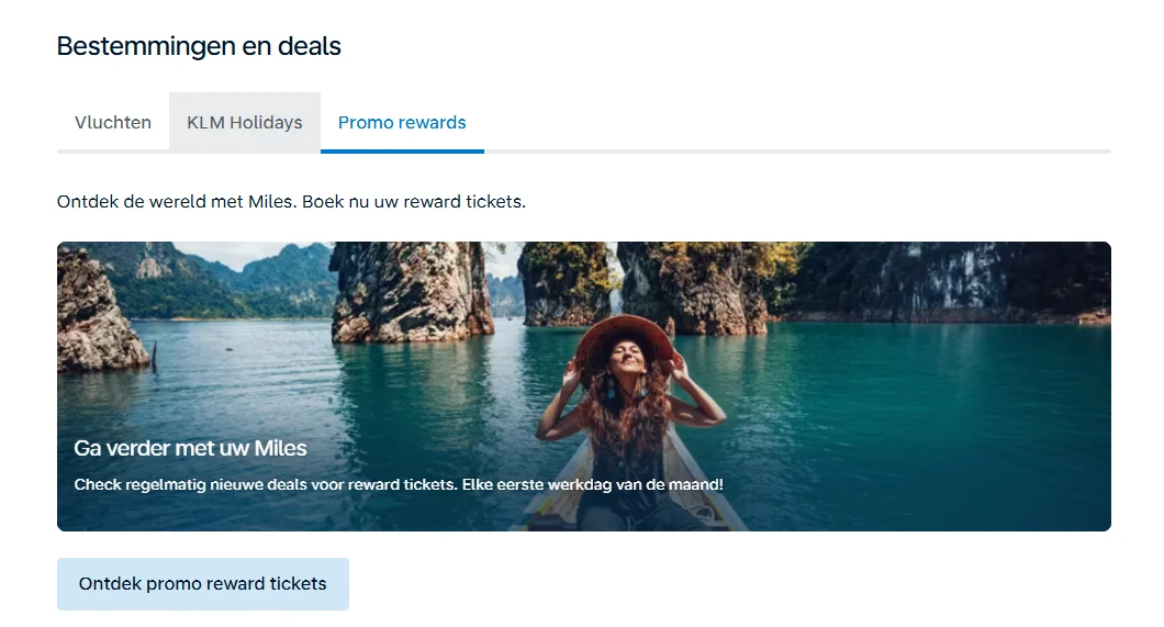 KLM Destinations and deals page with tabs for Flights, KLM Holidays and Promo Rewards