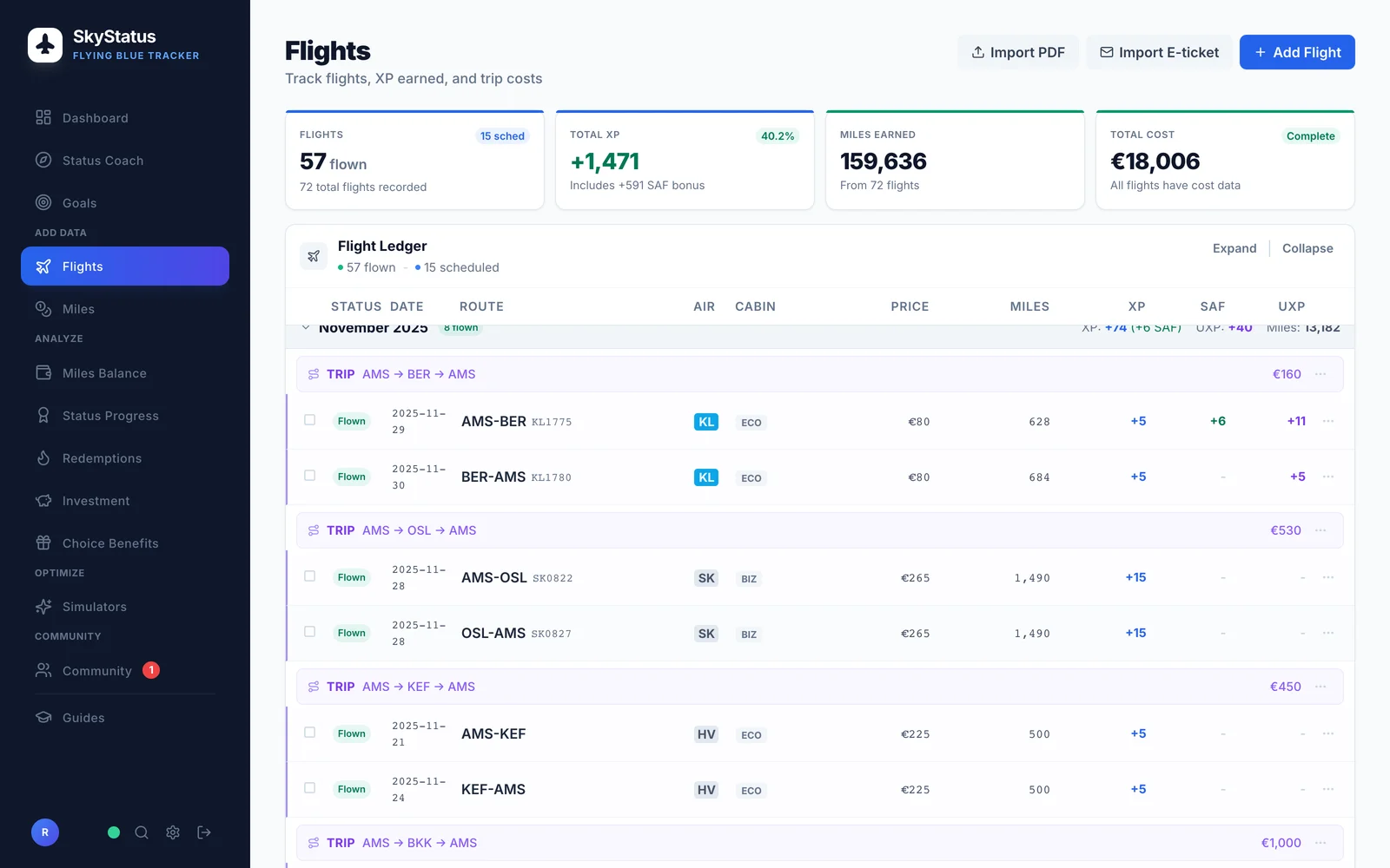 SkyStatus Flight Ledger mit Flügen nach Berlin, Oslo, Keflavik und Bangkok auf KLM, SAS und Transavia