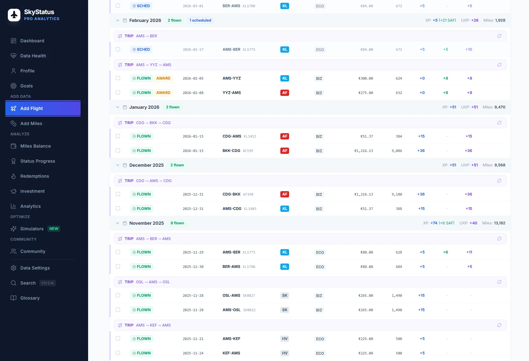 SkyStatus Flight Ledger with flights to Toronto, Bangkok, Oslo, Keflavik and Berlin on KLM, Air France, SAS and Transavia