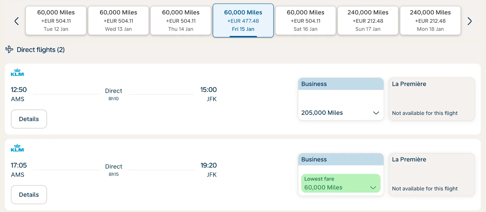 klm.nl, billet prime d’Amsterdam vers New York en Business&nbsp;: 60&nbsp;000 Miles du mardi au samedi, 240&nbsp;000 le dimanche et le lundi et, le vendredi, 205&nbsp;000 ou 60&nbsp;000 selon le vol