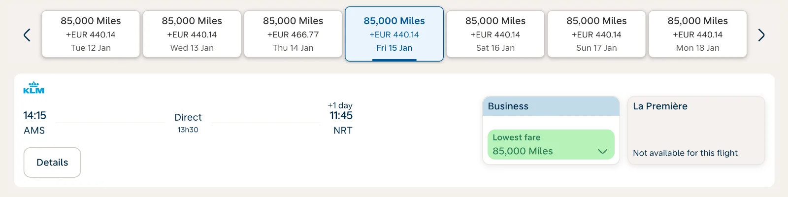klm.nl, billet prime d’Amsterdam vers Tokyo en Business&nbsp;: 85&nbsp;000 Miles sept jours de suite, y compris le vol direct KLM au prix plancher