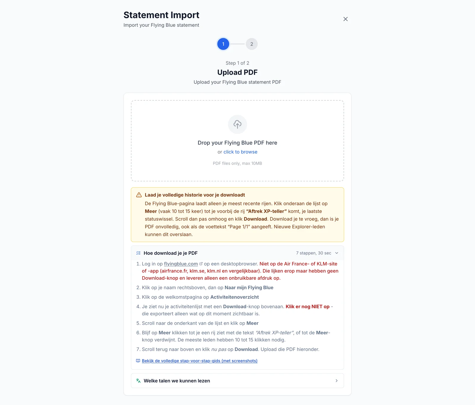 SkyStatus Statement Import mit ausgeklappter Schritt-für-Schritt-Anleitung: in 7 Schritten den Flying Blue Kontoauszug auf flyingblue.com herunterladen, mit Warnhinweis, erst die volle Historie zu laden
