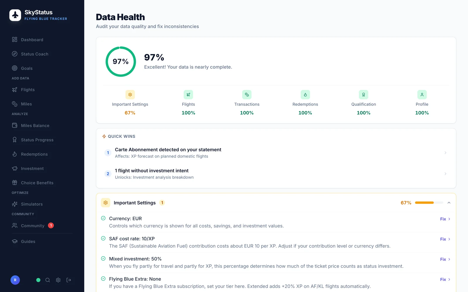 SkyStatus Data Health Score 97 %: Flüge, Transaktionen, Einlösungen, Qualifikation und Profil bei 100 %, Wichtige Einstellungen bei 67 %
