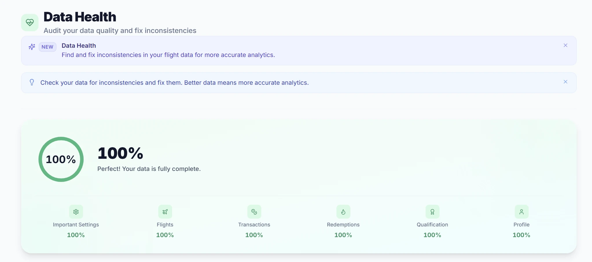 SkyStatus Data Health score 100%: alle categorien (Important Settings, Flights, Transactions, Redemptions, Qualification, Profile) op 100%