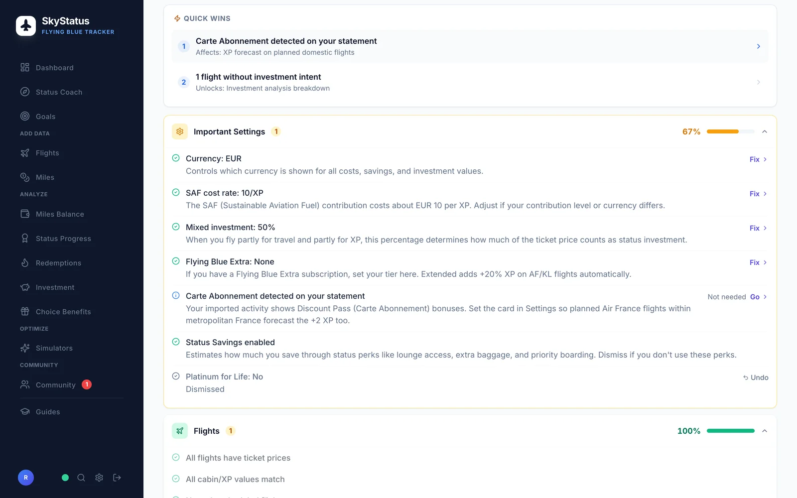 SkyStatus Data Health mit Quick-Wins-Empfehlungen und der Kategorie Wichtige Einstellungen bei 67 % mit Fix-Links, darunter die Kategorie Flüge bei 100 %