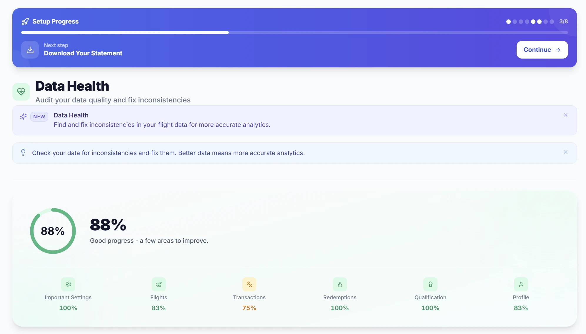 SkyStatus Data Health dashboard op 88%: overzicht van profielcompleetheid met categorien Important Settings, Flights, Transactions en Qualification