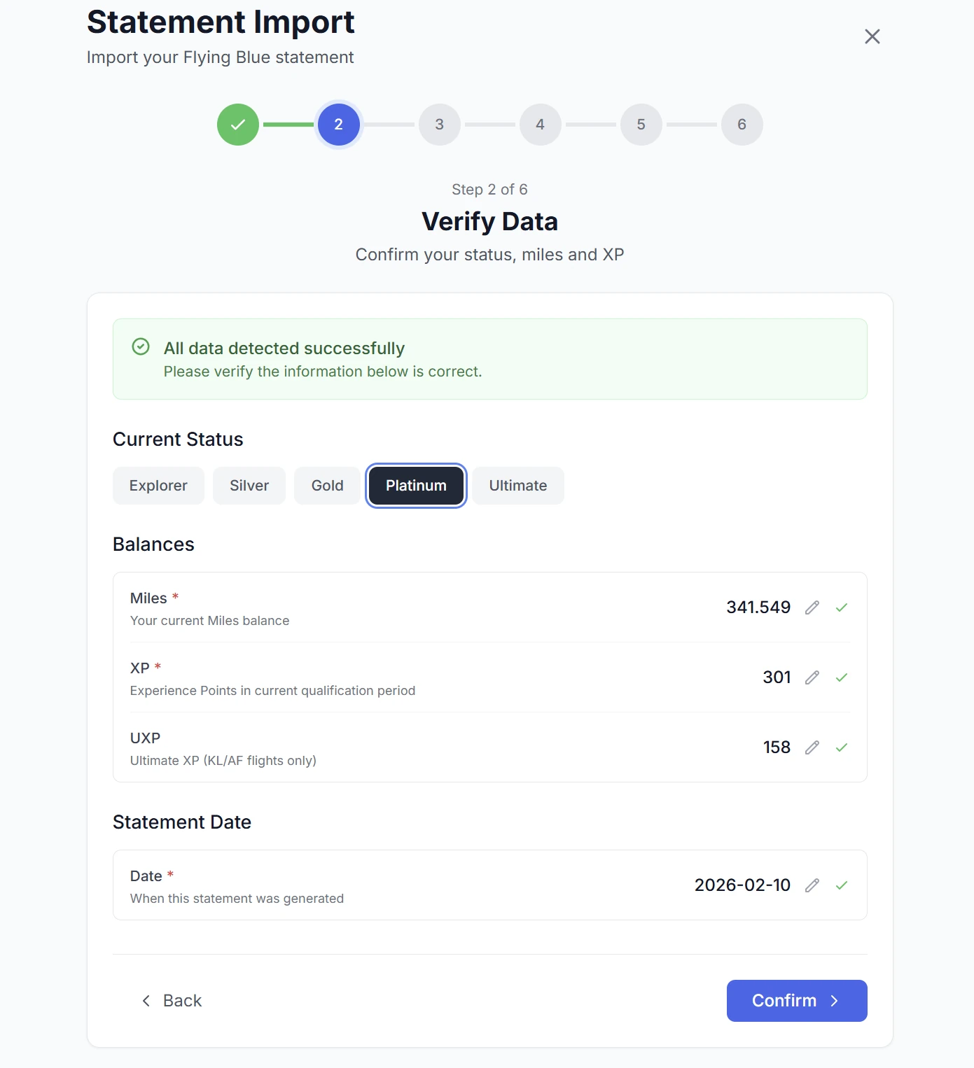 SkyStatus Statement Import stap 2: Verify Data - overzicht van herkende status, miles, XP en transacties uit het geimporteerde PDF-bestand