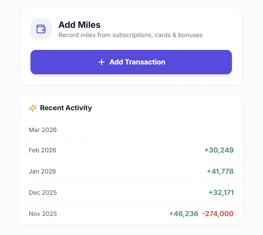 SkyStatus Add miles scherm: transactie toevoegen voor subscriptions, cards en bonussen, met Recent Activity overzicht per maand