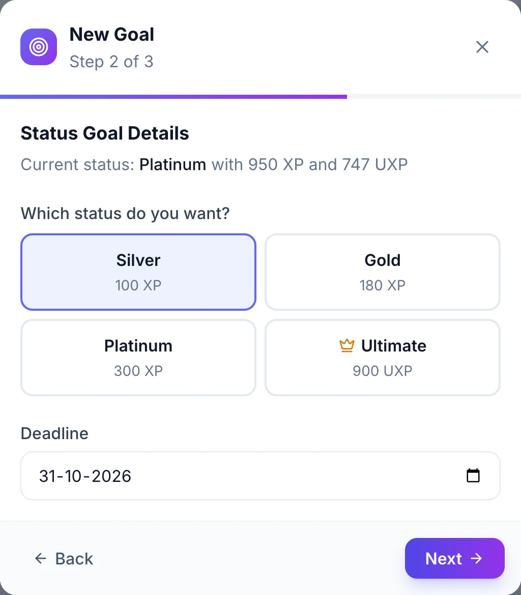 SkyStatus Ziel-Assistent Schritt 2 von 3: Status-Ziel Silver mit 100 XP ausgewählt, daneben Gold, Platinum und Ultimate sowie ein Deadline-Feld