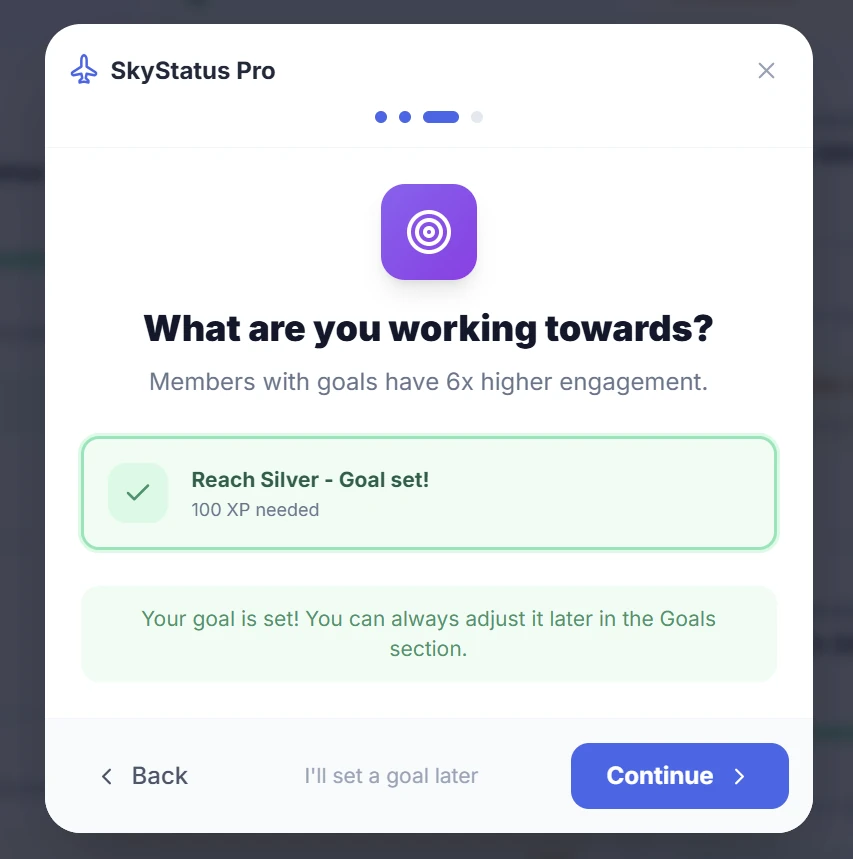 SkyStatus onboarding: What are you working towards? Reach Silver goal set, 100 XP needed