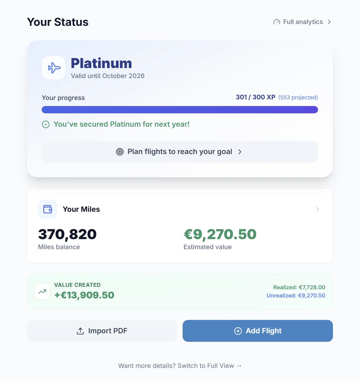 SkyStatus profiel: Platinum status, 301/300 XP, 370.820 miles saldo met geschatte waarde EUR 9.270 en Import PDF knop