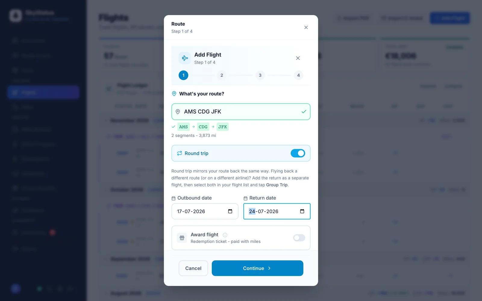 SkyStatus Flug hinzufügen Schritt 1 von 4: Route AMS CDG JFK als Kette mit 2 Segmenten und 3.873 Meilen erkannt, Hin- und Rückflug-Toggle aktiv mit Datumsfeldern und Award-Flug-Option