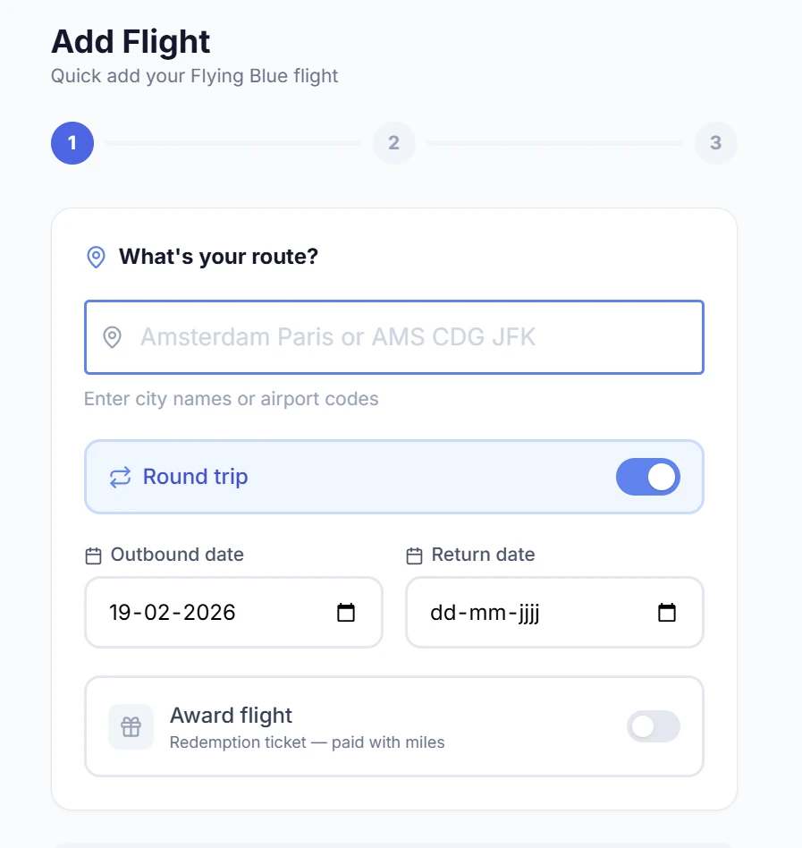 SkyStatus Add Flight wizard stap 1: route invoeren met stad of IATA-code, retour toggle en award flight optie
