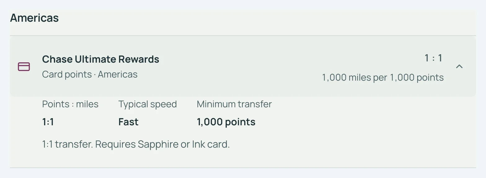 SkyStatus Transfer partners, Chase Ultimate Rewards: 1:1, 1,000 miles per 1,000 points, minimum 1,000 points, requires Sapphire or Ink card.