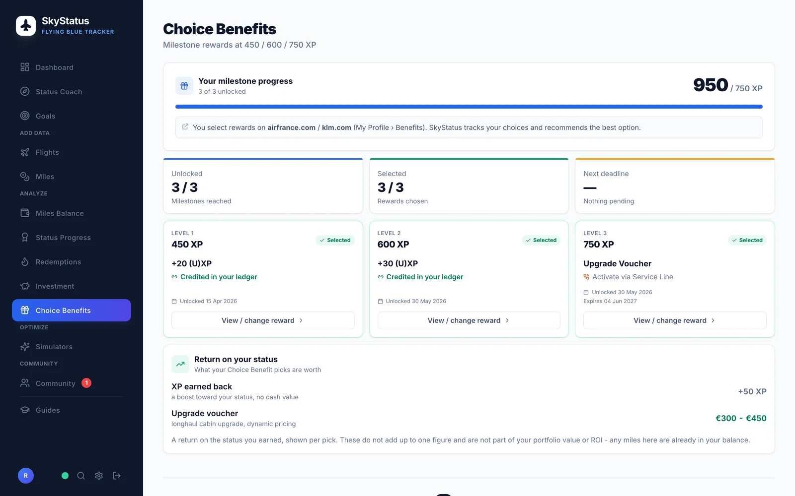 Hub Choice Benefits de SkyStatus : progression 950 sur 750 XP avec 3 niveaux sur 3 débloqués et choisis, boosts du niveau 1 (450 XP) et du niveau 2 (600 XP) crédités, Upgrade Voucher du niveau 3 (750 XP) expirant le 4 juin 2027, et un panneau valorisant les choix