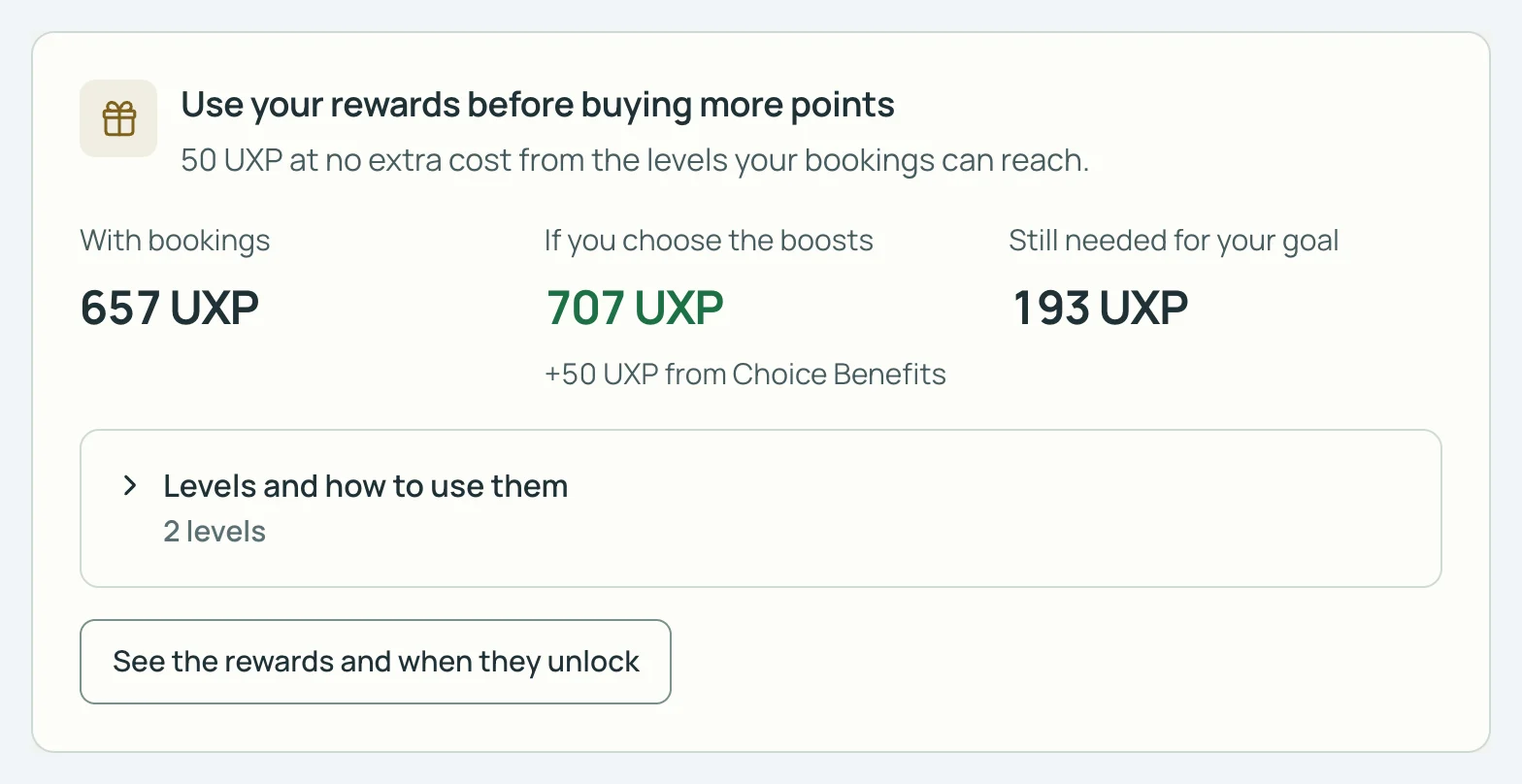 Status Coach-kaart in SkyStatus, Use your rewards before buying more points: 50 UXP zonder extra kosten, met de boosts 707 UXP, nog 193 UXP nodig.