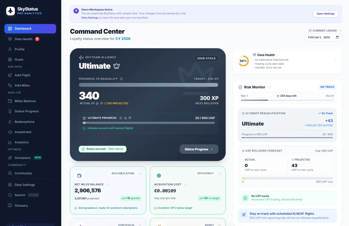 SkyStatus Command Center volledig dashboard met Ultimate status, 340 XP, 2,8 miljoen miles saldo, Risk Monitor, vluchtanalyses en compleet statusoverzicht met zijbalknavigatie