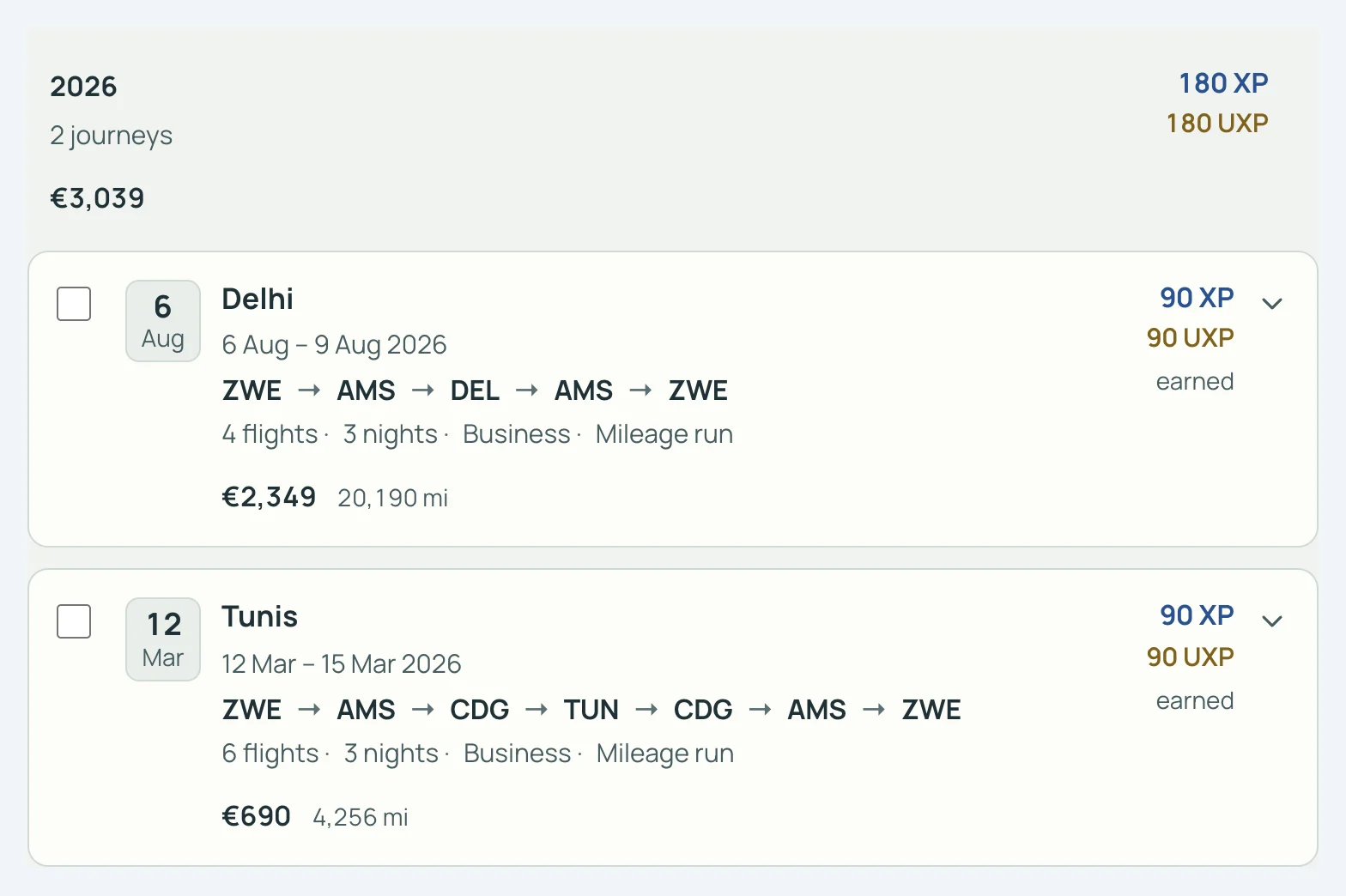 SkyStatus Flights, twee Business-reizen met elk 90 XP: Delhi voor EUR 2.349 met 20.190 miles, Tunis voor EUR 690 met 4.256 miles.