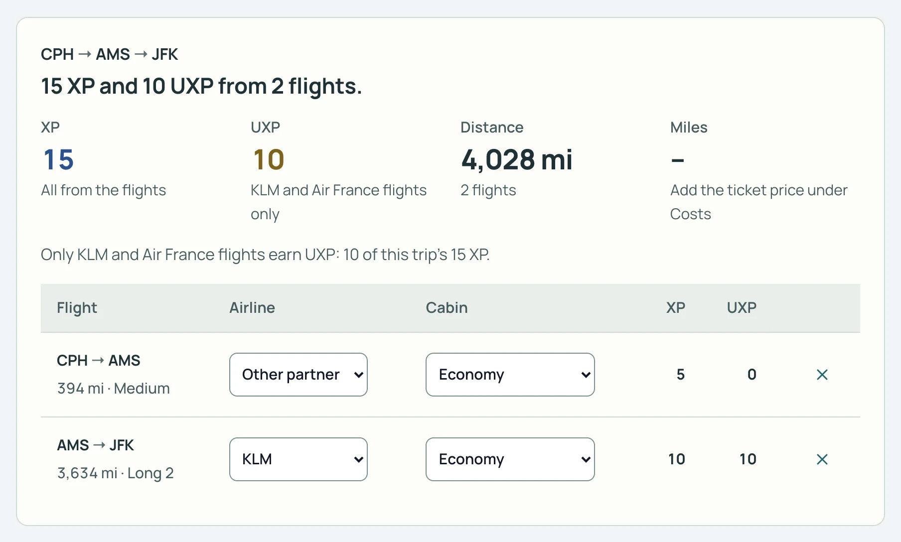 SkyStatus Plan a trip, CPH nach AMS nach JFK in Economy: 15 XP und 10 UXP. Other partner bringt 5 XP und 0 UXP, KLM 10 XP und 10 UXP.