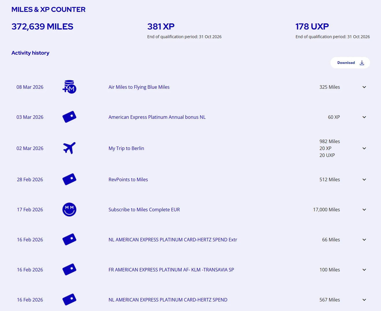 Flying Blue Meilen und XP Zaehler mit 372.639 Meilen, 381 XP und 178 UXP mit Aktivitaetsverlauf