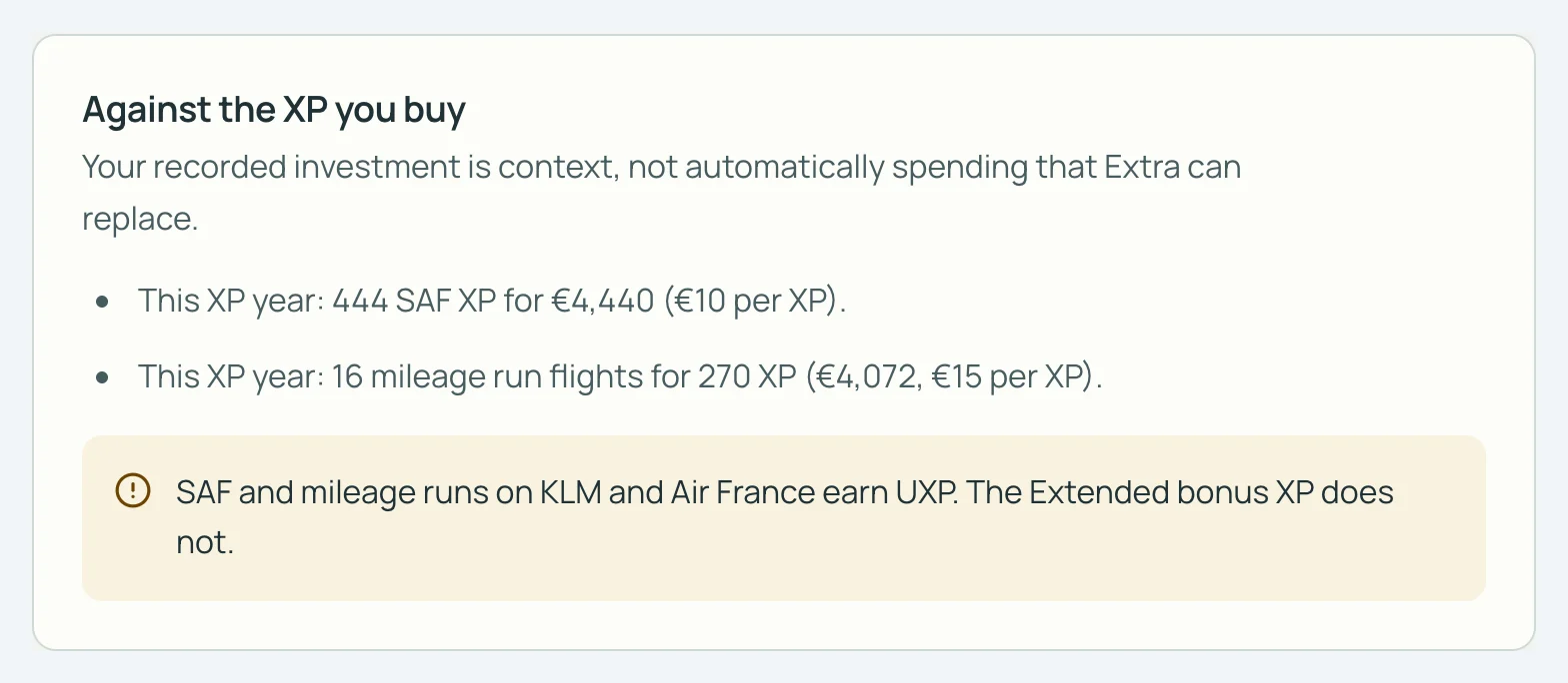 SkyStatus Flying Blue Extra, Against the XP you buy: SAF at EUR 10 per XP, mileage runs at EUR 15 per XP, Extended bonus XP earn no UXP.