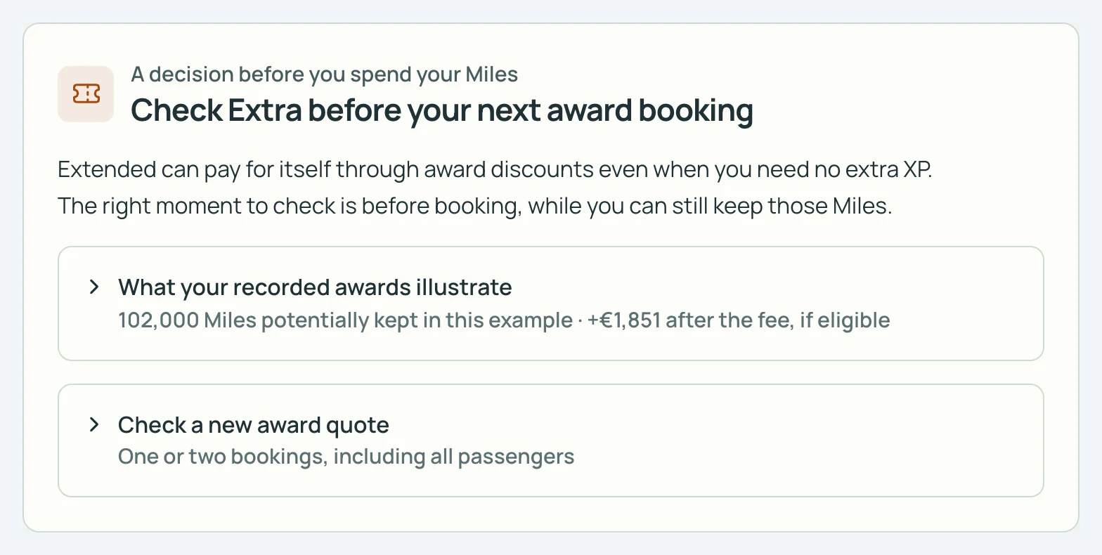 SkyStatus Check Extra before your next award booking: recorded awards show 102,000 Miles potentially kept, plus EUR 1,851 after the fee.