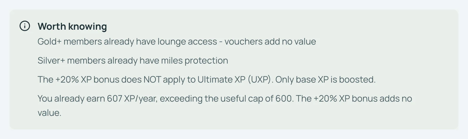 SkyStatus Flying Blue Extra, Worth knowing: you already earn 607 XP a year, above the useful cap, so the +20% XP bonus adds no value.