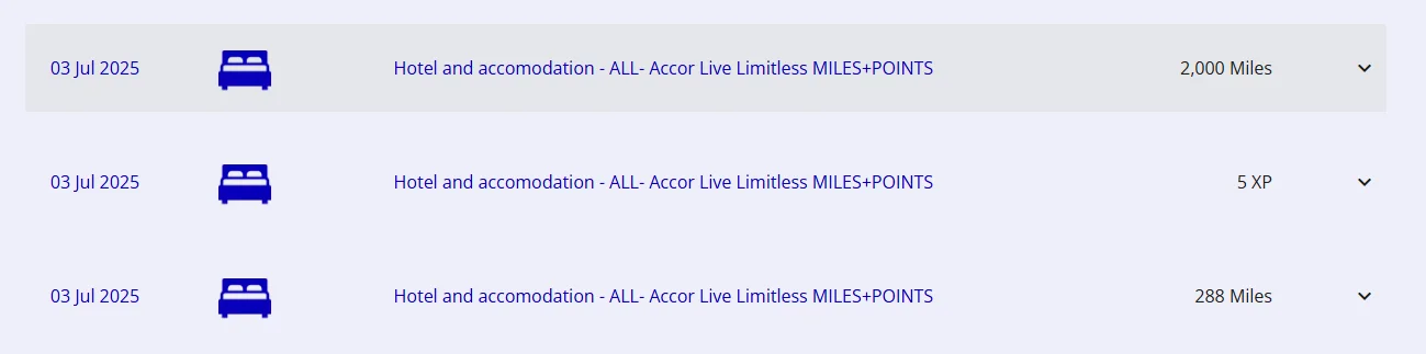 Flying Blue Abrechnung zeigt Accor Live Limitless Hotelaufenthalt mit 2.000 Meilen, 288 Meilen und 5 XP