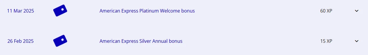 Flying Blue Abrechnung mit American Express Platinum Welcome Bonus 60 XP und Silver Annual Bonus 15 XP