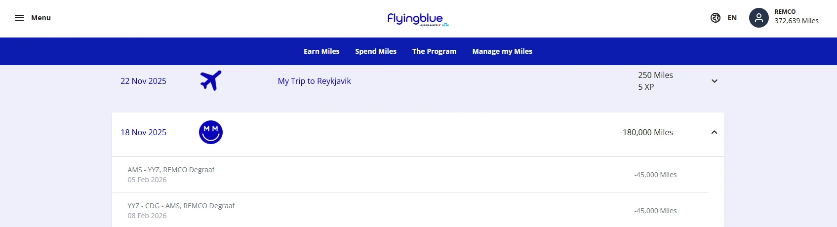 Flying Blue Abrechnung einer Praemienbuchung Amsterdam-Toronto ueber Paris CDG fuer 180.000 Meilen gesamt