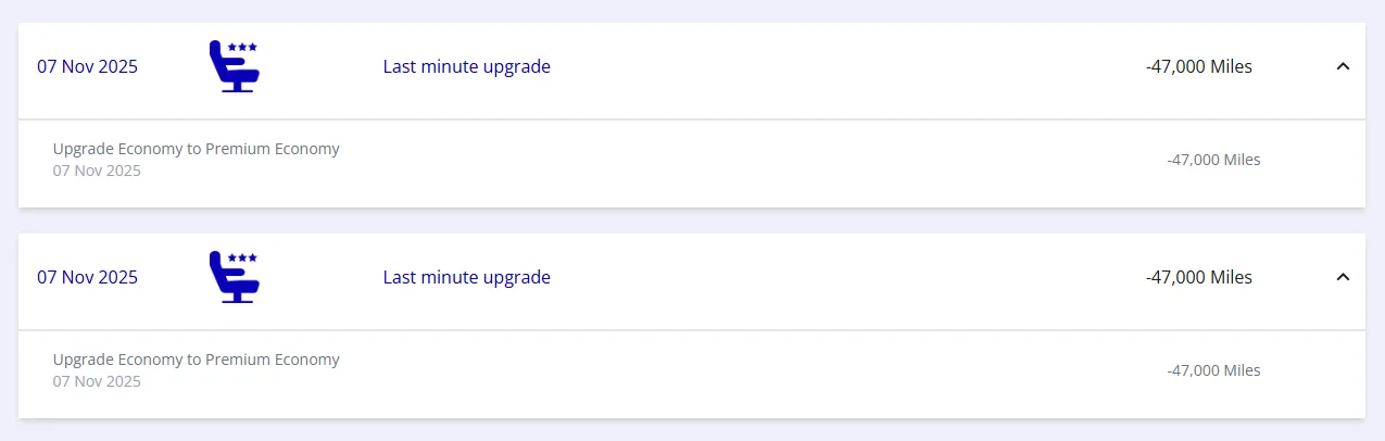 Flying Blue Abrechnung mit zwei Last-Minute-Upgrades von Economy auf Premium Economy fuer je 47.000 Meilen