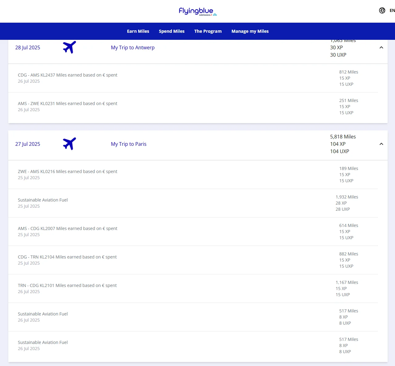 Flying Blue Abrechnung eines Mileage Runs nach Turin ueber Antwerpen und Paris CDG mit 134 XP und UXP gesamt plus SAF-Beitraege
