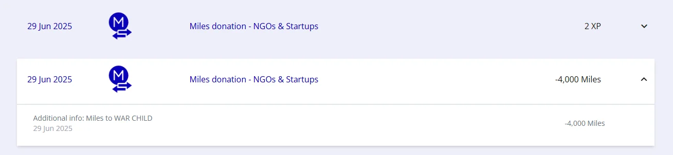 Flying Blue Abrechnung zeigt 4.000 Meilen gespendet an War Child mit 2 XP verdient