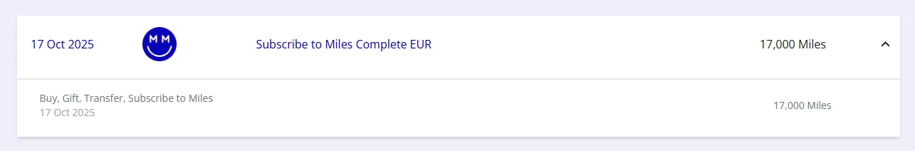 Flying Blue Abrechnung zeigt Subscribe to Miles Complete Plan mit 17.000 Meilen erhalten