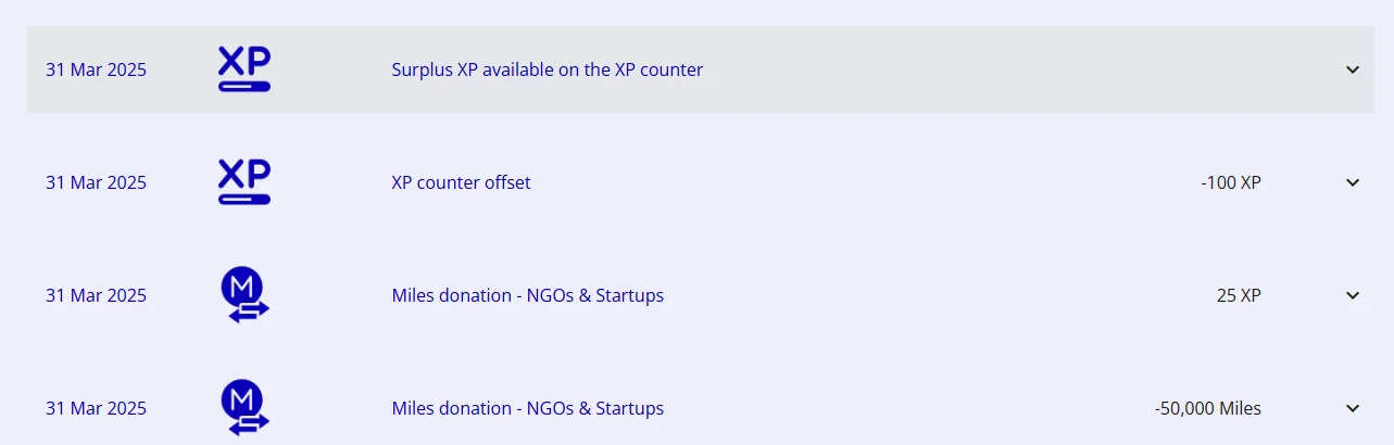 Flying Blue Abrechnung zeigt 50.000 Meilen gespendet an NGOs und Startups mit 25 XP verdient und ueberschuessigen XP