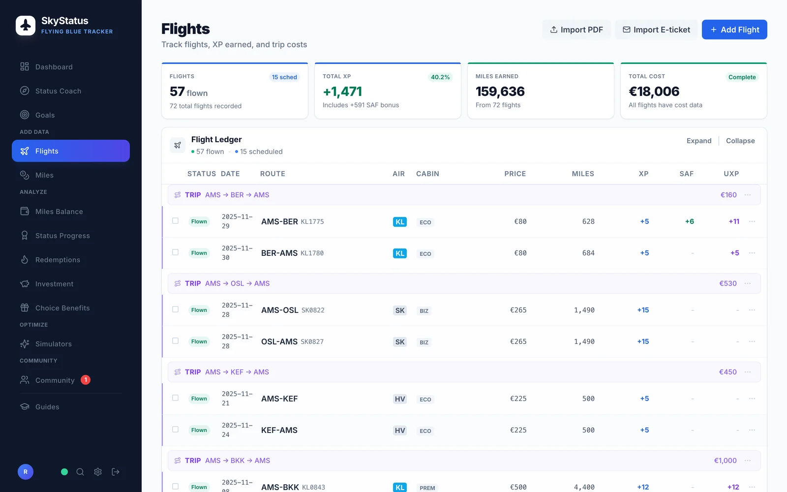 SkyStatus vluchtlijst met XP- en UXP-kolommen naast elkaar voor drie airlines: KLM Economy AMS-BER +5 XP met +11 UXP, SAS Business AMS-OSL +15 XP zonder UXP, Transavia Economy AMS-KEF +5 XP zonder UXP en KLM Premium Economy AMS-BKK +12 XP met +12 UXP