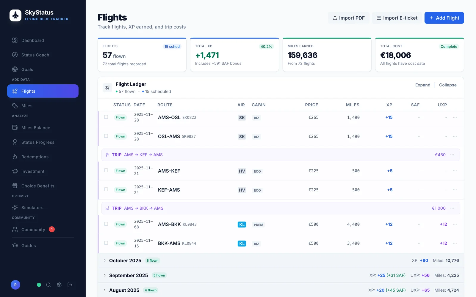 SkyStatus Flugliste für November 2025: KLM-Flüge AMS-BKK und BKK-AMS bringen je +12 XP und +12 UXP, SAS- und Transavia-Flüge bringen nur XP und keine UXP