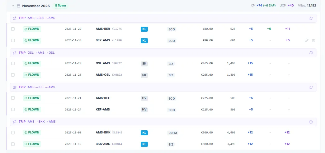 SkyStatus vluchtlijst voor november 2025 met KLM-vluchten die zowel XP als UXP verdienen, SAS-partnervluchten die alleen XP verdienen met nul UXP, en Transavia-vluchten met aparte UXP-tracking