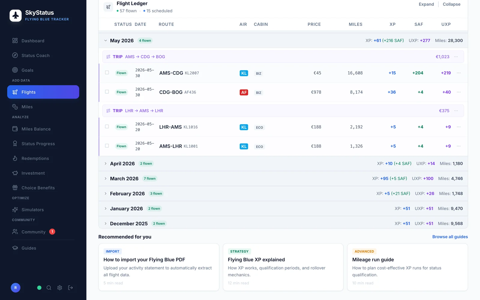SkyStatus Flugliste mit aufgeklapptem Mai 2026: Business-Segmente mit +15 und +36 XP neben Economy-Retouren mit +5 XP pro Segment, mit SAF-Bonus, UXP, Meilen und Reisekosten pro Flug