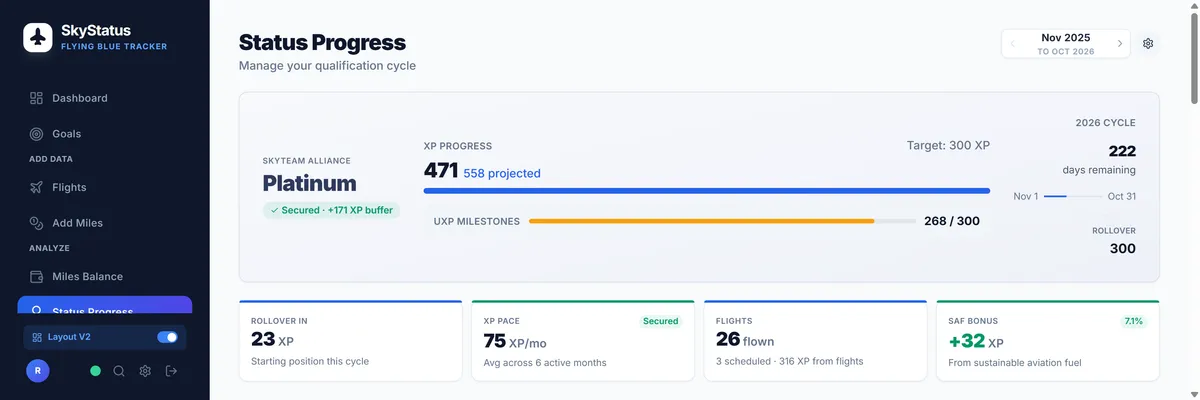 SkyStatus Command Center met Platinum status, 135 actuele XP en 604 geprojecteerde XP richting 300 XP target voor herkwalificatie