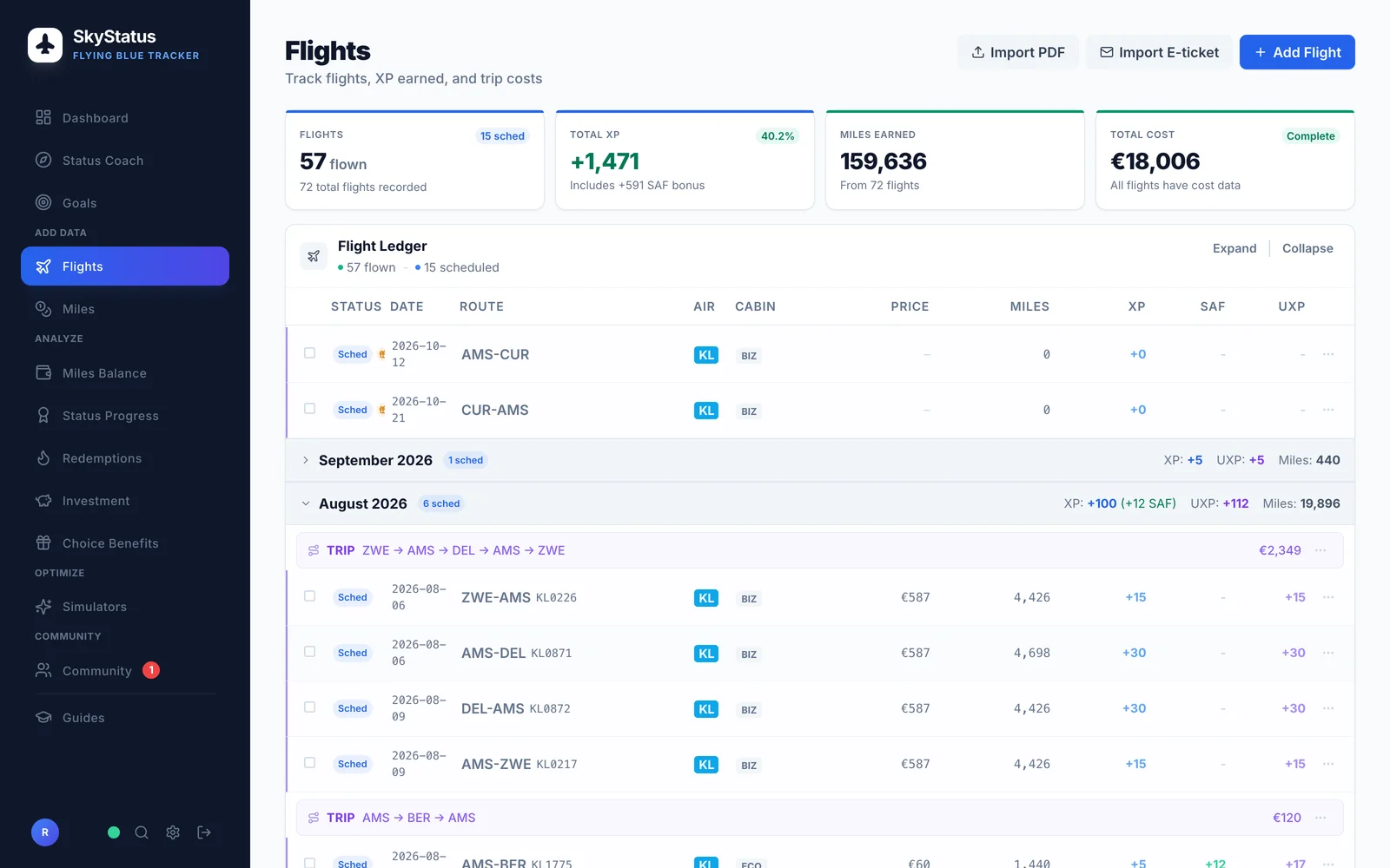 SkyStatus Flight Ledger mit Award Business Flügen AMS-CUR und CUR-AMS ohne Meilen und XP über regulären KLM Business Flügen mit bis zu 30 XP
