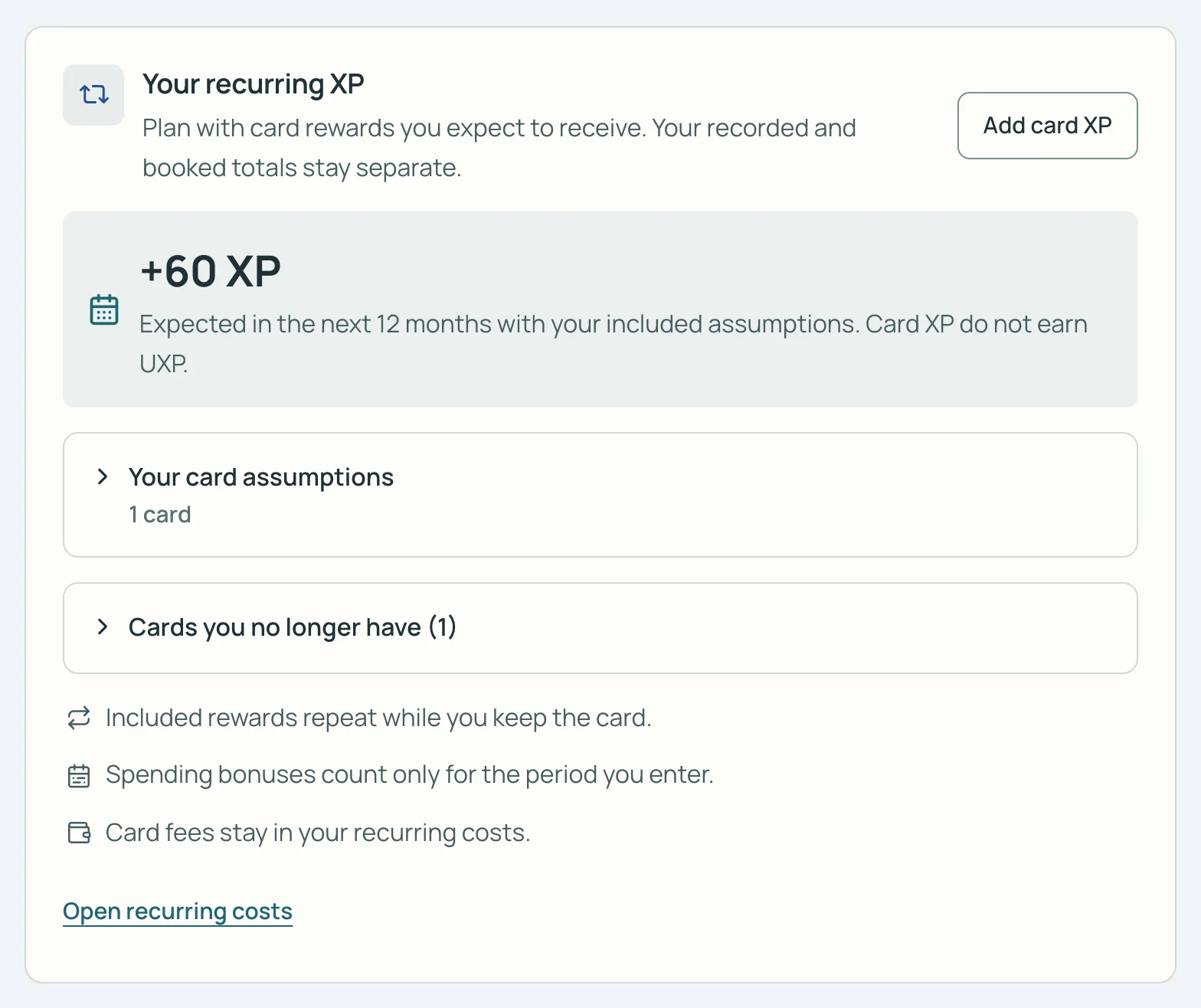 Bloc Your recurring XP du Status Coach de SkyStatus : +60 XP attendus sur les 12 prochains mois, mention Card XP do not earn UXP